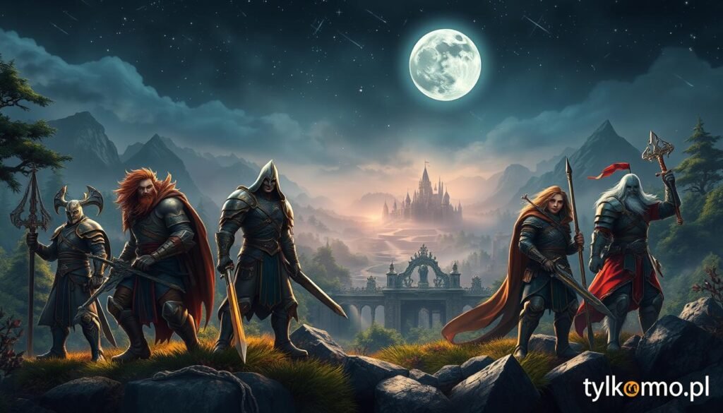 A captivating digital artwork illustrating "classics of the genre that deserve a second chance" in the MMO gaming world. In the foreground, feature iconic game characters dressed in vibrant and varied armor, each holding unique weapons, exuding determination and adventure. The middle ground showcases a fantastical landscape, with lush forests and mystical ruins hinting at forgotten lore. In the background, a distant castle looms under a starry sky, emphasizing the theme of revival and exploration. The lighting should be dramatic, with moonlight illuminating key elements and casting enchanting shadows. The overall mood should evoke nostalgia and excitement, inspiring viewers to rediscover these hidden gems. Include the brand name "tylkommo.pl" subtly in the corner, within the art style.