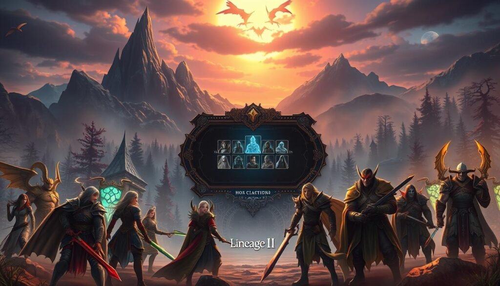 A captivating illustration depicting a fantasy character selection scene inspired by Lineage II. In the foreground, diverse characters representing different races, such as elves, humans, and orcs, are shown, each in detailed armor and wielding unique weapons. The middle ground features a mystical interface with glowing icons and silhouettes of classes, creating a sense of decision-making. The background reveals an enchanting fantasy landscape, with towering mountains and ethereal forests under a twilight sky, casting a magical glow. Warm, dynamic lighting highlights the characters, giving a feeling of excitement and adventure. The overall atmosphere is immersive, inviting viewers to explore and engage in the fantasy world.