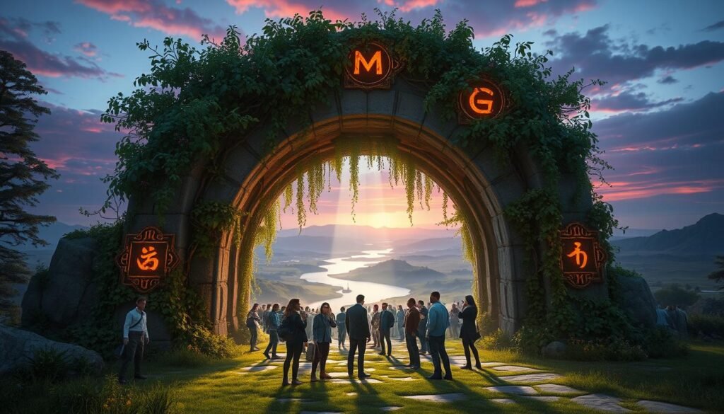 A captivating scene depicting the entrance to a fantastical realm, inspired by the classic MMORPG MU Online. In the foreground, a lush, overgrown archway made of ancient stone, entwined with vibrant greenery and glowing mystical runes, invites players into the game world. The middle ground features a bustling gathering of diverse adventurers in professional and modest casual attire, discussing strategy and gearing up for their first quests. Ethereal light streams through the arch, casting dynamic shadows, enhancing the excitement and anticipation. The background showcases a sprawling landscape filled with rolling hills, distant mountains, and a shimmering river, all under a twilight sky that blends deep purples and blues. The overall atmosphere is one of adventure and opportunity, highlighting the thrill of entering a new world.