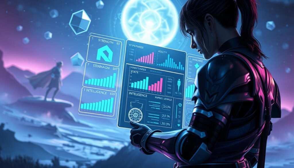 A captivating scene illustrating the concept of "stats" and "damage" allocation in a gaming context. In the foreground, a character from a fantasy game, dressed in sleek, modern armor, intently studies a holographic display showcasing various statistics and graphs. The middle ground features a mystical landscape filled with floating geometric shapes symbolizing different attributes like strength, agility, and intelligence. The background boasts an ethereal realm with soft, glowing lights and abstract representations of characters in action, hinting at their power levels. The mood is focused yet inspiring, with a cool color palette emphasizing blues and purples, complemented by dynamic lighting that highlights the character and the data display. The perspective is angled slightly downward, creating an immersive experience for the viewer.