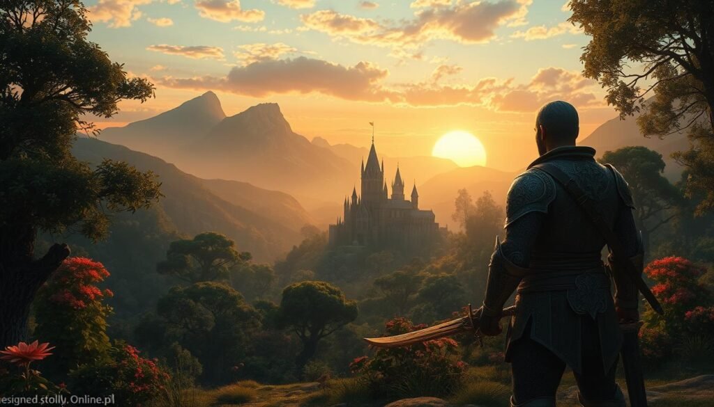 A captivating scene inspired by "Elder Scrolls Online," featuring a lush, magical landscape with sprawling forests and ancient ruins. In the foreground, a heroic character clad in intricately designed armor holds a shimmering sword, gazing into the distance. The middle ground reveals a majestic castle surrounded by vibrant flora and mystical creatures, contributing to the rich tapestry of exploration. In the background, towering mountains rise under a sky painted with warm sunset hues, casting a golden glow over the landscape. The atmosphere is filled with a sense of adventure and wonder, inviting players to delve into storytelling and exploration. The scene is bathed in gentle, ethereal lighting, enhancing the fantasy elements while creating a serene mood. Designed for tymkommo.pl.