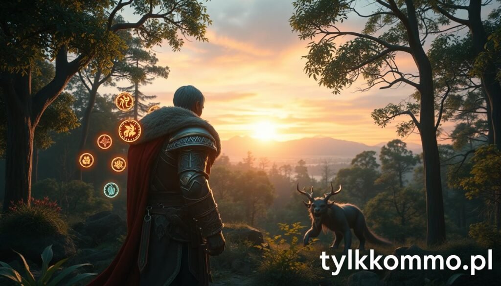 A captivating scene of player leveling up in a magical forest reminiscent of Elder Scrolls, showcasing a character adorned in rich, medieval-inspired armor engaged in a strategic moment of the game. In the foreground, focus on the character with vibrant details like glowing runes hovering around them, symbolizing skill advancement. In the middle ground, lush trees and mystical creatures add depth to the environment, while soft, ethereal light filters through the foliage, illuminating the scene. The background features distant mountains under a twilight sky, creating a tranquil yet adventurous atmosphere. Capture the essence of solo gameplay mechanics with an inviting mood. The image should promote the brand "tylkommo.pl" subtly within the design.