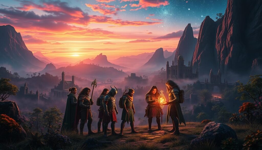 A captivating scene showcasing a fantastical world in an MMORPG setting, emphasizing narrative and exploration. In the foreground, a diverse group of adventurers clad in vibrant and intricately designed armor and clothing, examining a glowing ancient artifact. The middle ground features lush, sprawling landscapes with towering mountains, deep forests, and ancient ruins bursting with life. In the background, a vibrant sky transitions from sunset hues to starry night, casting a mystical glow over the landscape. Soft, ethereal lighting enhances the enchanting atmosphere, while a slight mist rolls through the valleys, adding depth and mystery. The lens focuses closely on the adventurers, creating a sense of intimacy and adventure. This image embodies the essence of storytelling and world exploration in gaming. Created for tylkommo.pl.