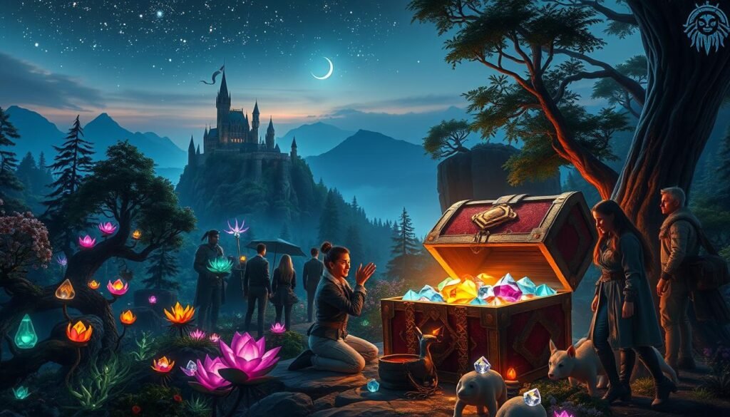 A captivating scene showcasing a hidden gem MMORPG in an enchanting fantasy world. In the foreground, a diverse group of adventurers, dressed in professional medieval-inspired attire, are gathered around an ancient, glowing treasure chest filled with sparkling gems, their expressions full of excitement and wonder. The middle ground features a lush, mystical forest with vibrant, bioluminescent plants, and various fantastical creatures peeking from behind trees. In the background, a distant castle perched on a cliff under a twilight sky filled with stars and a glowing crescent moon, casting a soft, magical light over the scene. The atmosphere is filled with a sense of discovery and adventure, perfectly capturing the thrill of exploring hidden MMO gems. Add the brand name "tylkommo.pl" subtly integrated into the landscape.