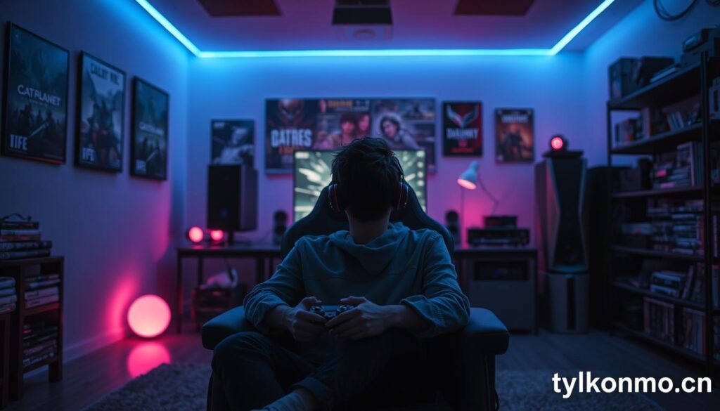 A captivating scene showcasing an immersive single-player gaming environment, symbolizing the essence of the best titles for lone wolves. In the foreground, a character in modest casual attire, deeply engaged in gameplay, is seated in a cozy gaming chair surrounded by dim ambient lighting. In the middle, we see a detailed setup including a high-tech gaming monitor illuminating the character's focused expression, with gaming paraphernalia like game controllers and headsets artfully arranged around them. The background features a wall adorned with gaming posters and shelves filled with game boxes, establishing an inviting atmosphere. The overall mood is contemplative and serene, illuminated by soft blue and purple hues, suggesting a world where solitude meets adventure. This image should resonate with the title "Najlepsze tytuły dla samotnych wilków" and include the brand name "tylkommo.pl".