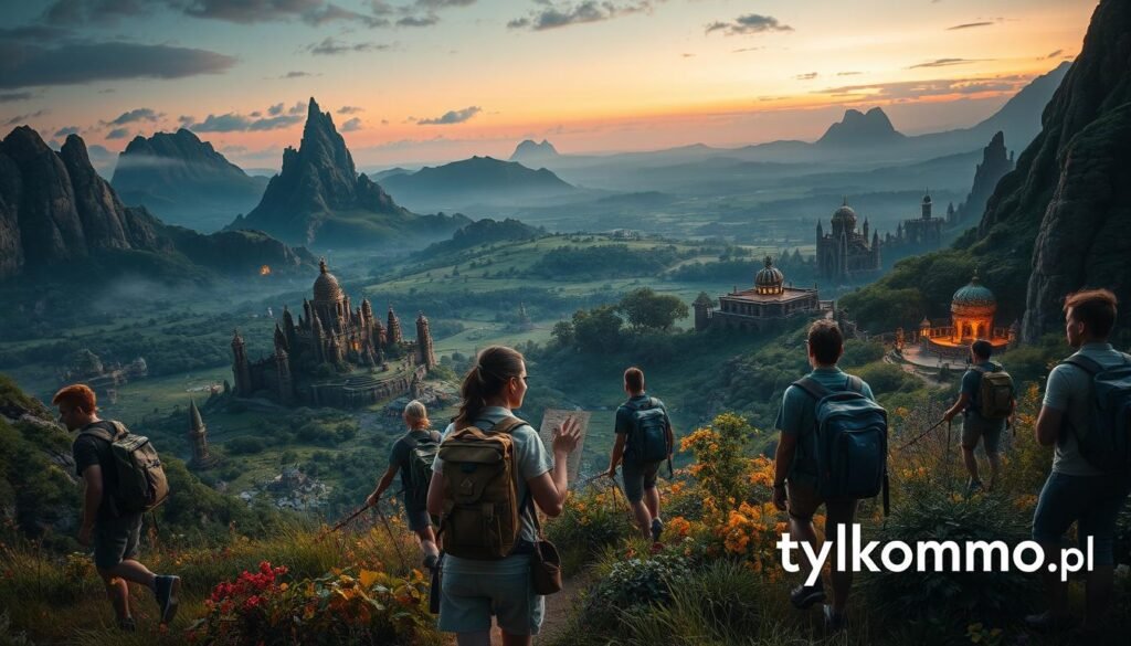 A captivating scene showcasing "eksploracja gier" in an expansive MMO world. In the foreground, a diverse group of adventurers in modest casual clothing, equipped with backpacks and map, enthusiastically exploring a mystical landscape filled with rich flora and ancient ruins. The middle ground features lush valleys and towering mountains, dotted with hidden gems like mysterious caves and glowing landmarks. In the background, a vast sky transitions from sunset hues to twilight, casting serene lighting over the scene. The atmosphere is adventurous and filled with a sense of discovery, evoking curiosity and wonder. The brand name "tylkommo.pl" subtly placed in the corner.