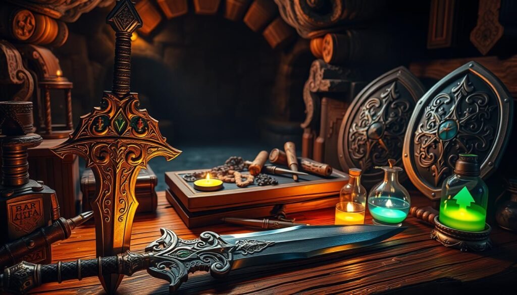 A collection of elaborate Mythan items from a fantasy game, showcased in a well-lit, atmospheric display. In the foreground, a beautifully crafted Mythan sword with intricate engravings and a shimmering blade, alongside a matching shield adorned with mystical symbols. A few glowing Mythan potions, each with vibrant colors, are scattered around. In the middle ground, a wooden crafting table filled with rare resources and crafting tools, hinting at the preparation for leveling up. The background features a dimly lit dungeon entrance, adding depth and mystery to the scene. The lighting is warm and inviting, creating an adventurous and immersive atmosphere, with soft shadows enhancing the details of the items. The angle is slightly elevated, providing a comprehensive view of the scene.