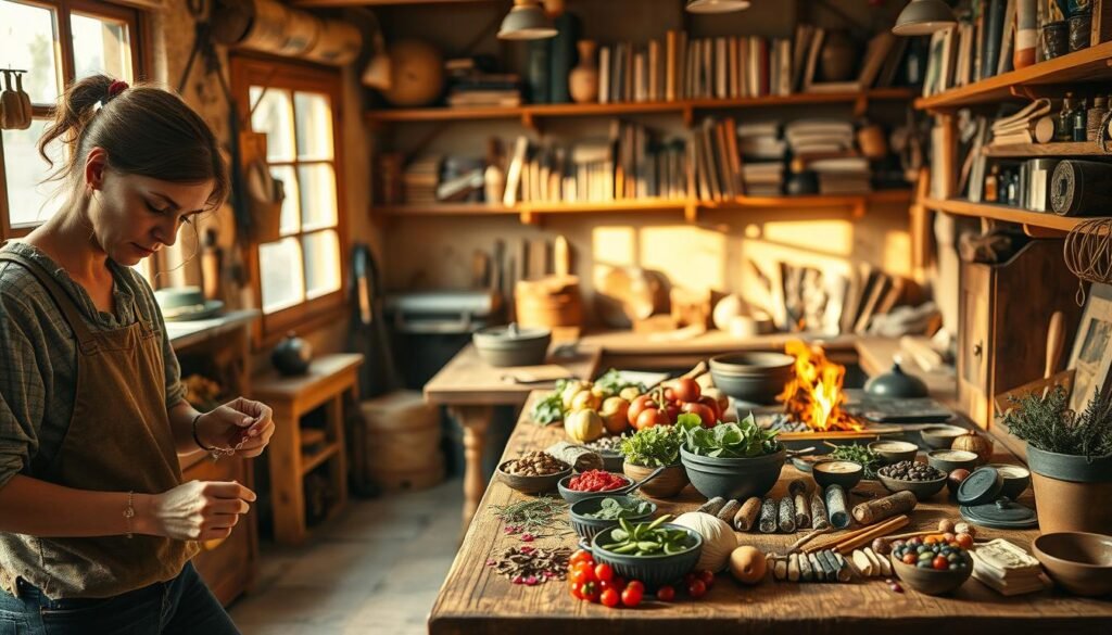 A cozy artisan workshop filled with various crafting tools. In the foreground, a skilled artisan, wearing modest casual clothing, is meticulously crafting a beautiful piece of jewelry with delicate gemstones. Next to them, a glowing forge with glowing embers, where another artisan skillfully molds metal into intricate shapes for blacksmithing. In the middle ground, a wooden table displays an array of colorful herbs and potions, representing alchemy, alongside beautifully arranged ingredients for cooking. The background features shelves lined with books and spellbinding materials, casting a warm, inviting light from a nearby window. The atmosphere is vibrant and creative, with soft golden lighting that enhances the artistry and skill present in each workspace. A slight depth of field effect gives a sense of warmth and craftsmanship.