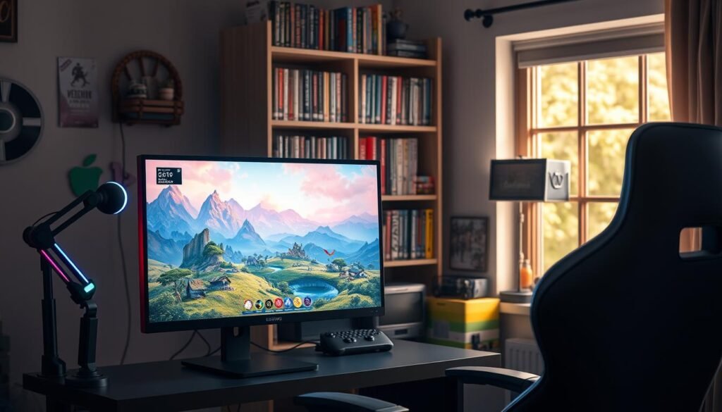 A cozy gaming setup featuring a beginner-friendly MMO on a PC, showcasing a vibrant fantasy landscape on the screen. In the foreground, a desktop computer with a sleek monitor displays an engaging, colorful game interface, inviting for new players. A comfortable gaming chair is positioned thoughtfully, with a soft glow from an RGB desk lamp enhancing the atmosphere. The middle background features a bookshelf filled with gaming guides and colorful game boxes, representing a welcoming gaming space. Through a window, a sunny day adds warm, natural light to the scene, creating a cheerful mood. Include a subtle logo of "tylkommo.pl" blended into the gaming setup. The composition should highlight inclusivity and accessibility for new gamers exploring MMOs. A cozy gaming setup featuring a beginner-friendly MMO on a PC, showcasing a vibrant fantasy landscape on the screen. In the foreground, a desktop computer with a sleek monitor displays an engaging, colorful game interface, inviting for new players. A comfortable gaming chair is positioned thoughtfully, with a soft glow from an RGB desk lamp enhancing the atmosphere. The middle background features a bookshelf filled with gaming guides and colorful game boxes, representing a welcoming gaming space. Through a window, a sunny day adds warm, natural light to the scene, creating a cheerful mood. Include a subtle logo of "tylkommo.pl" blended into the gaming setup. The composition should highlight inclusivity and accessibility for new gamers exploring MMOs.
