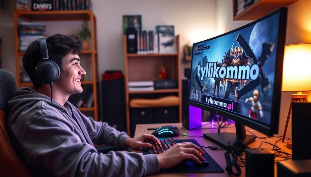 A cozy home gaming setup featuring a casual gamer immersed in an engaging MMO on a computer screen. The foreground showcases the gamer, a young adult in comfortable attire, focused on gameplay with a joyful expression. A soft glow from the monitor reflects on their face, creating a warm atmosphere. In the middle ground, the desk is cluttered with gaming peripherals like a sleek keyboard, a gaming mouse, and colorful LED lights that add vibrancy. The background includes shelves filled with game boxes and books, and soft ambient light from a nearby lamp. The overall mood is inviting and relaxed, perfect for capturing the essence of casual gaming. The scene subtly incorporates the brand name "tylkommo.pl" in a stylish way on the computer wallpaper.