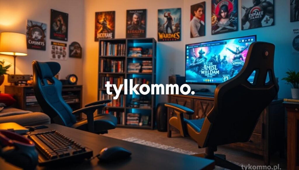 A cozy, inviting living room setup for a solo gamer, featuring a modern gaming chair facing a large computer monitor glowing with vibrant colors from an MMO game interface. In the foreground, a cluttered desk with gaming accessories like a mechanical keyboard, mouse, and headset. The middle section showcases a sleek bookshelf filled with game titles and collectibles. In the background, a softly lit room with warm ambient lighting, decorated with posters of popular solo-player games. The atmosphere conveys a sense of relaxation and focus, perfect for immersive gaming. The scene is shot from a slight low angle, capturing the gamer’s domain. The brand name "tylkommo.pl" subtly placed in the decor.