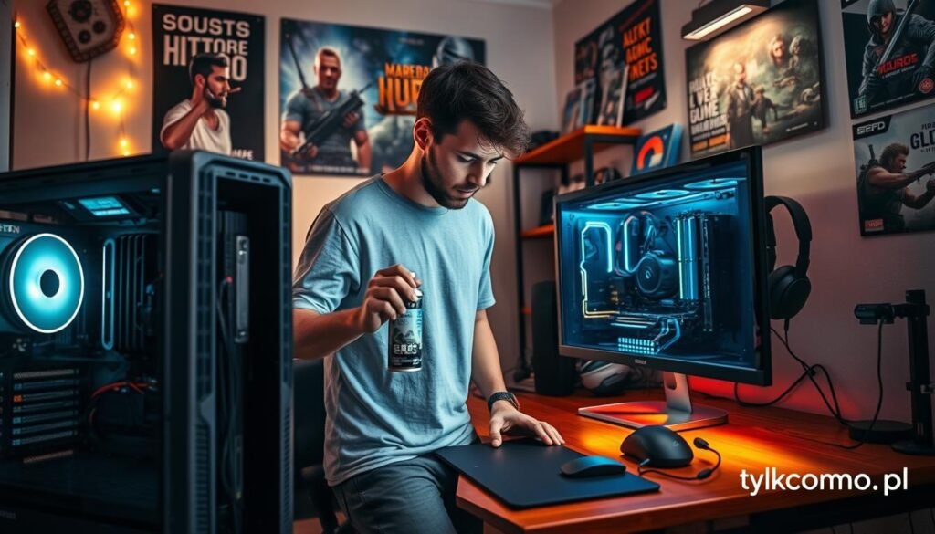 A cozy room setup for preparing a computer for gaming, featuring an older desktop PC with visible upgrades like additional RAM and a new graphics card. In the foreground, a focused individual in casual attire, intently organizing cables and cleaning the computer's interior with a can of compressed air. The middle ground displays a gaming monitor, a mouse, and a headset on an attractive wooden desk, softly illuminated by warm LED lights. In the background, gaming posters and a shelf with game titles create an immersive atmosphere. The scene is well-lit, evoking a sense of anticipation and dedication, reflecting the journey of optimizing a computer for smooth gameplay. Branding visibly includes "tylkommo.pl."