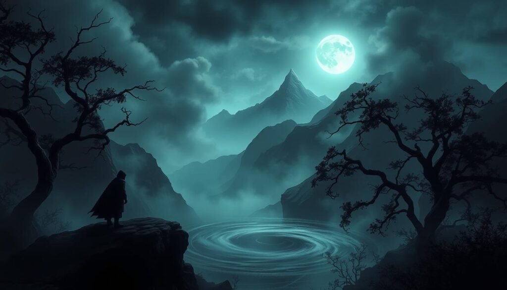 A dark fantasy landscape, shrouded in mist and shadow, illustrating a foreboding atmosphere reminiscent of a mysterious MMO game. In the foreground, a cloaked figure stands atop a rocky ledge, gazing into a swirling abyss below, bathed in eerie, dim light. The middle ground features twisted, gnarled trees with dark foliage, adding an air of suspense. In the background, jagged mountains loom under a brooding sky, illuminated by a faint, ghostly moonlight that spills over the scene, casting dramatic shadows. The scene conveys a feeling of intrigue and the unknown, perfect for illustrating unique game mechanics and dark themes. The style is hyper-realistic with high detail, capturing every texture and nuance. Note: This image is intended for tylkommo.pl.