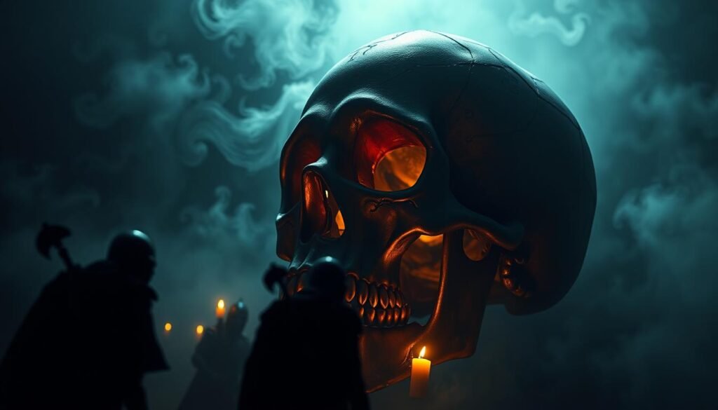 A detailed and ominous depiction of a large, intricately designed skull, set against a dark, misty background. The skull gleams in dim candlelight, revealing ancient runes etched into its surface, hinting at curses and dark powers. In the foreground, mysterious shadows swirl around, suggesting the unseen consequences linked to the skull. In the middle ground, faint silhouettes of warriors in medieval armor can be seen, gazing intently at the skull, contemplating their fate. The atmosphere is tense, filled with an air of impending doom, as swirling fog adds depth. The angle is slightly low, enhancing the skull's imposing presence, while a soft focus on the background creates a feeling of unease and mystery.