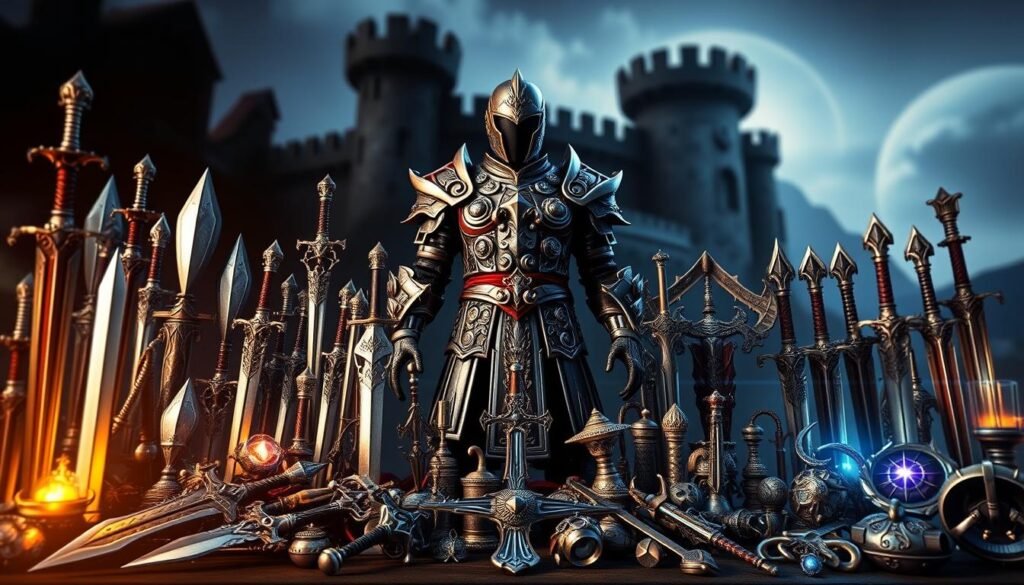 A detailed and vibrant depiction of a fantasy gaming inventory screen inspired by "Lineage II," showcasing various weapons, armor sets, and upgrade items. In the foreground, an array of intricate swords, shields, and magical artifacts are artistically arranged. In the middle, a detailed armor set glistens with embellishments, illustrating different grades represented by unique color schemes and designs. In the background, blurred images of a mystical landscape or a dark castle fortress add depth, enhancing the fantastical atmosphere. Soft, dramatic lighting accentuates the textures and metallic surfaces of the equipment, creating a sense of intrigue and adventure. The angle is slightly tilted, giving a dynamic view of the inventory, inviting players to explore the rich mechanics of the game.