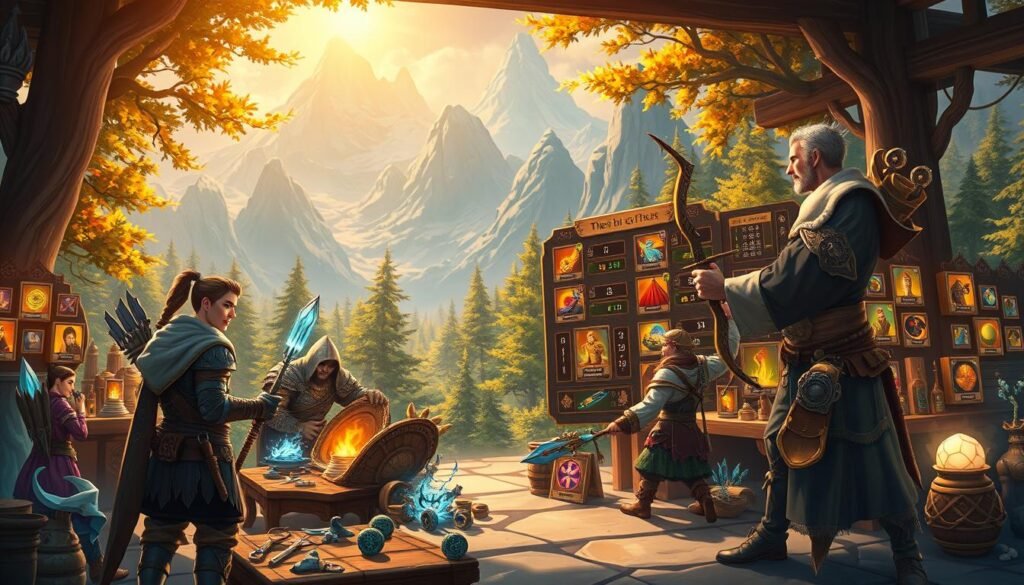 A detailed and vibrant illustration of a character progression and crafting system in an MMO game. In the foreground, a diverse group of adventurers, including a warrior, mage, and archer, are engaged in a bustling crafting area, surrounded by glowing tools and magical artifacts. The middle ground features a skill tree and user interface elements showcasing character stats and crafting options, highlighted with glowing icons. In the background, a mystical landscape with towering mountains and enchanted forests sets an adventurous atmosphere, illuminated by warm, golden sunlight cascading through the trees. The scene conveys excitement and creativity, emphasizing the thrill of character development and crafting. Include the brand name "tylkommo.pl" subtly in the design.