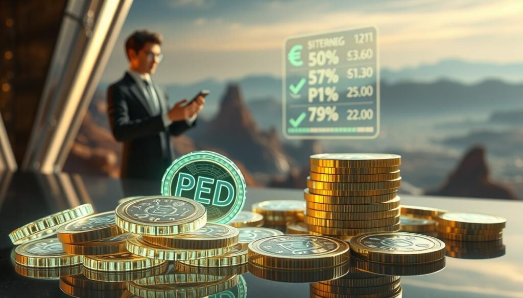 A detailed, eye-catching scene depicting the "PED currency" from Entropia Universe. In the foreground, a pile of luminous PED coins, intricately designed with futuristic motifs and glowing edges, sits on a reflective surface. The middle ground features an avatar in professional business attire, intently analyzing a holographic display showing currency exchange rates. This avatar represents the notion of financial planning within the game. In the background, an ethereal landscape of Entropia Universe, complete with distant mountains and a shimmering sky, adds depth to the scene. Soft, ambient lighting casts a warm glow, creating a sense of opportunity and economic potential. The overall mood is focused and optimistic, inviting viewers to engage with the currency concept.