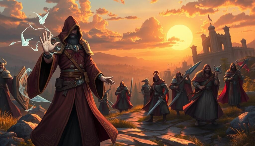 A detailed illustration of a fantasy RPG character map, specifically focusing on the role of 'Support' in a game setting like Warspear Online. Foreground features a vibrant, stylized character dressed in elaborate, seer-like robes adorned with runes and mystical symbols, casting a protective spell. The middle ground showcases a variety of allies in dynamic poses—some wielding swords, others casting spells, representing different classes: DPS, tank, control. The background features a fantastical landscape with lush forests and ancient ruins under a sunset sky, casting warm golden light on the scene. Capture the atmosphere of camaraderie and strategy, emphasizing teamwork. Create a sense of intrigue and adventure, using soft focus for distant elements to enhance depth. Ensure the composition is rich in detail but harmonious with no text elements or distractions.