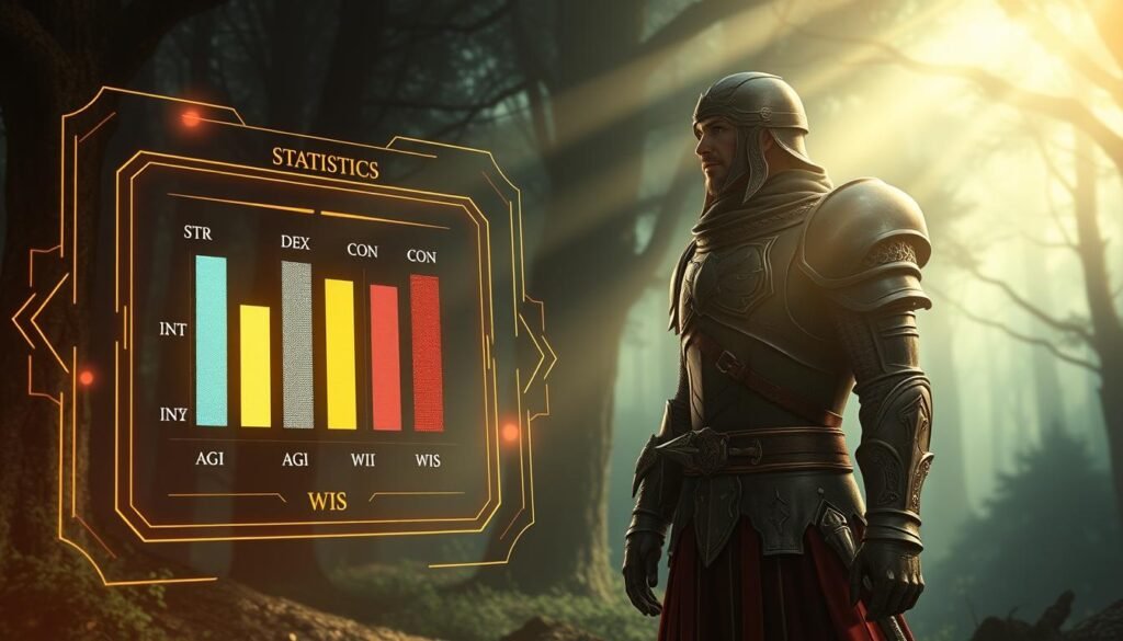 A detailed illustration of a fantasy RPG character statistics system display, showcasing the statistics STR, DEX, INT, CON, AGI, and WIS in an elegant, visually appealing format. In the foreground, a glowing holographic interface shows these stats with visual bars and numerical values, reflecting various levels of strength and agility. In the middle ground, an armored character stands confidently, gazing at the interface, dressed in realistic medieval armor with intricate details. In the background, a mystical, dimly lit forest setting creates a magical atmosphere, with soft beams of light filtering through the trees. The overall mood is aspirational and focused, emphasizing clarity and engagement with the stats displayed, inviting viewers to explore their character's potential.