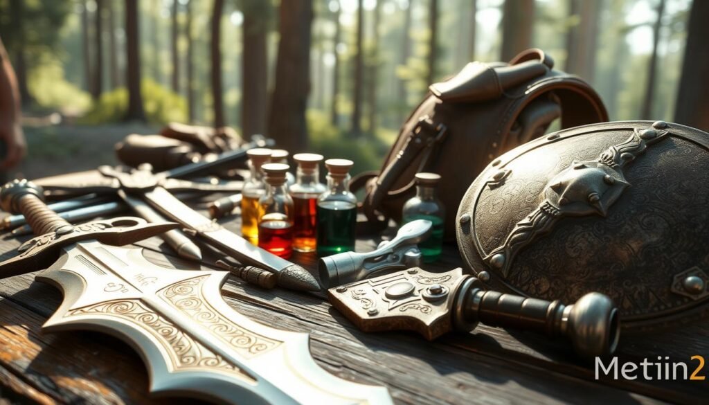 A detailed inventory scene from the game Metin2, showcasing an array of weapons and armor scattered across a wooden table. In the foreground, there's a glimmering sword with intricate engravings and a shimmering shield, both highlighting the artistry of the game's equipment. The middle ground features a selection of potions in colorful glass vials, each reflecting the ambient light, alongside a worn leather backpack, giving a sense of adventure. In the background, a blurred forest setting introduces a feeling of exploration and fantasy. The lighting is bright yet soft, creating an inviting atmosphere, with a slight lens flare effect to enhance depth. The overall mood is one of excitement and readiness for a new quest.