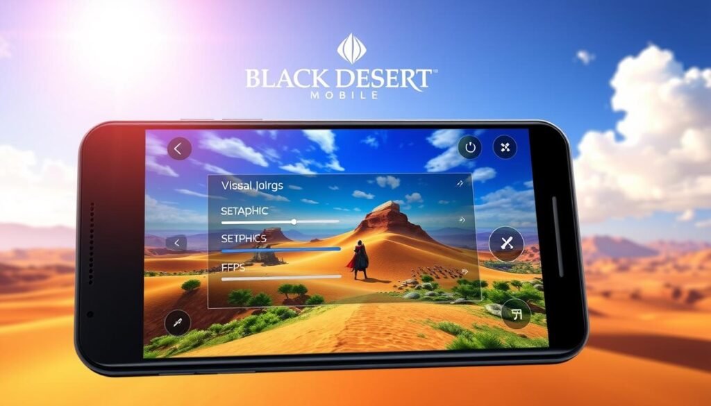 A digital artwork showcasing the mobile game "Black Desert Mobile" optimized for Android settings. In the foreground, depict a sleek Android smartphone displaying the game’s vibrant graphics with lush landscapes and intricate character designs. The middle ground features a well-designed gaming interface with visual settings sliders and icons for graphics and FPS adjustments. The background illustrates a stunning desert landscape, under a bright blue sky with soft clouds. Use warm lighting to create an inviting atmosphere, with a focus on clarity and detail. The image should evoke a sense of excitement and immersion, intended for players seeking optimal gameplay experiences.