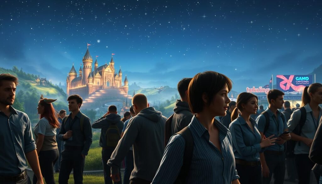 A dramatic scene showcasing the challenges faced by niche MMOs in the gaming industry. In the foreground, depict a diverse group of players, both male and female, engaged in a fierce competition within a vibrant fantasy game world. They should be dressed in casual but neat clothing to reflect a professional yet relaxed atmosphere. In the middle ground, illustrate an expansive digital landscape featuring intricately designed fantasy settings, such as enchanting forests and towering castles, symbolizing the game's vast potential. In the background, set a clear night sky filled with glowing stars, and a distant gaming convention illuminated by colorful lights, signifying the challenges of visibility and recognition. Use soft, ambient lighting with a slight vignette effect to create an introspective mood. This image encapsulates the theme of "tylkommo.pl" while visually representing the struggles faced by less mainstream titles.