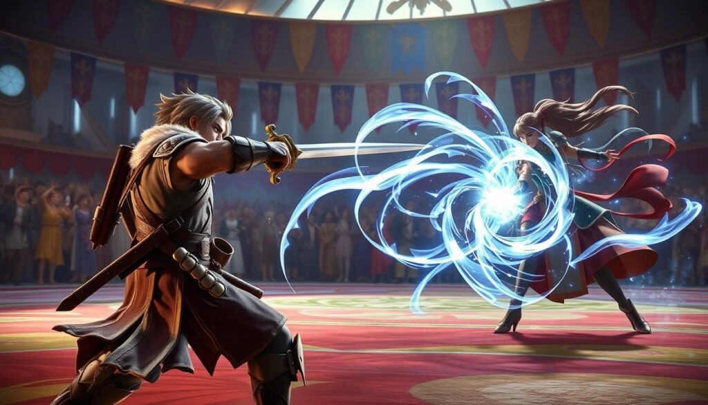 A dynamic 1v1 PvP battle scene set in a vibrant fantasy arena, showcasing two skilled characters engaged in intense combat. In the foreground, a male warrior clad in modest armor wields a sword, demonstrating strategic distance and focus, while a female mage nearby casts a glowing spell, emphasizing the importance of action timing. The middle ground features swirling magical energy and dynamic motion lines to illustrate their tactics. In the background, a cheering crowd can be seen, with colorful banners fluttering in the wind, enhancing the atmosphere. The scene is illuminated by soft, dramatic lighting, creating depth and highlighting the characters' determined expressions. Use a slight high-angle perspective to capture the essence of the tactical duel.