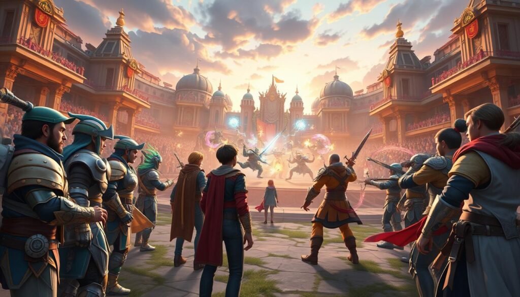 A dynamic PvP party scene set in a vibrant fantasy landscape inspired by Atlantica Online. In the foreground, a diverse group of characters, including warriors, mages, and archers, clad in colorful armor and dressed in professional casual attire, are engaged in strategic discussions. The middle ground showcases an intense battle, with energy spells flying and swords clashing, under dramatic lighting that highlights their expressions of focus and determination. The background features a fantastical arena, with ornate architecture and cheering crowds, bathed in a warm evening glow. Capture the adrenaline and strategy of PvP combat, immersing viewers in an atmosphere filled with excitement and competition. Use a wide-angle lens to enhance depth and perspective, emphasizing the action and teamwork dynamics.