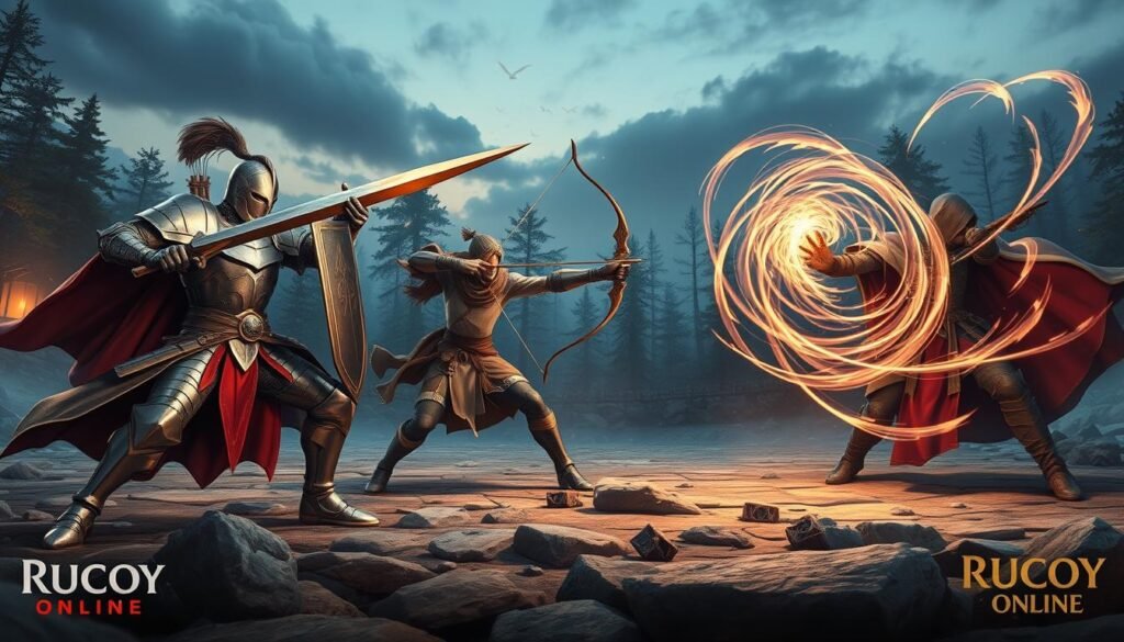 A dynamic PvP scene showcasing three distinct character classes in Rucoy Online: a medieval knight clad in shining armor, wielding a sword and shield, poised for battle; an agile archer in light leather armor, drawing a bow with an intense focus; and a powerful mage surrounded by swirling arcane energy, casting a spell, glowing staff in hand. The foreground emphasizes their stances, highlighting the personality of each class. The middle ground shows a rocky arena with scattered debris enhancing action, while the background features a mystical forest under a twilight sky, illuminated by magical glows. The atmosphere is filled with tension and excitement, captured with dramatic lighting and a slight low-angle perspective to accentuate the characters' heroic poses.