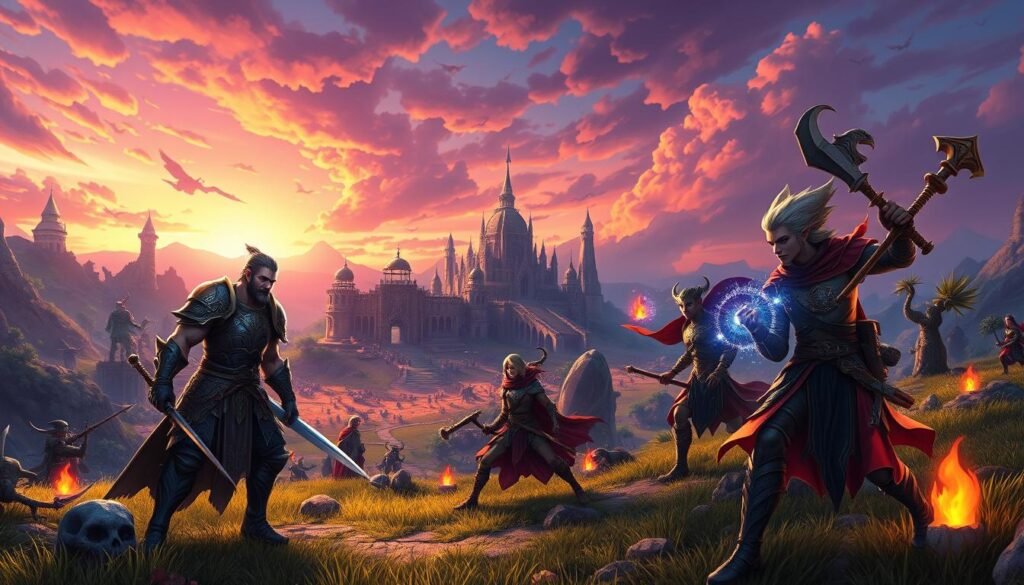 A dynamic and colorful digital illustration depicting a vibrant fantasy MMO world specifically designed for fans of classic grind and character progression. In the foreground, a diverse group of adventurers — a tall humanoid warrior clad in shining armor, an elf with intricately designed robes, and a skilled rogue with agile movements—are engaged in cooperative play, showcasing various character classes and abilities. The middle ground features a lush landscape filled with ancient ruins, mystical creatures, and resource-rich environments, inviting exploration. In the background, a dramatic sky at dusk with vivid hues of orange and purple enhances the enchanting atmosphere. Soft lighting casts ethereal glows on magical artifacts scattered throughout the scene. The overall mood is one of excitement and camaraderie among players, captured with a cinematic lens to emphasize depth and immersion. Include the brand name "tylkommo.pl" subtly within the design elements.