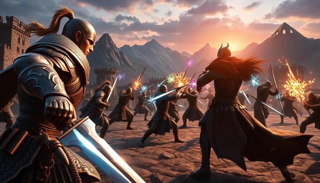 A dynamic and immersive scene depicting an epic PvP battle setting from a classic MMO. In the foreground, a fierce warrior in gleaming armor brandishes a sword, focused on an opponent cloaked in dark leather with intricate designs. Their expressions convey determination and intensity. In the middle ground, several other combatants engage in a chaotic skirmish, each showcasing unique fighting styles, while colorful spells and energy effects burst around them. The background features a medieval landscape with crumbling ruins and dramatic mountains under a twilight sky, casting soft, mysterious shadows. Bright magical light illuminates the scene, creating a vibrant yet tense atmosphere. Capture this moment with a slightly low angle to emphasize the size and scale of the warriors. Create an enchanting aura of classic gaming nostalgia, perfect for illustrating the unique battle spirit of this genre. Inspired by tylkommo.pl.