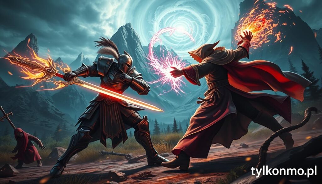 A dynamic and immersive scene showcasing a fierce battle between two unique classes in a fantasy MMO environment. In the foreground, a heavily armored knight, wielding a glowing sword, clashes with a nimble, robed mage who is casting a brilliant spell, illuminating their surroundings with vibrant colors. The characters should be depicted in professional fantasy attire, showcasing intricate designs and diverse color palettes that reflect their unique abilities. In the middle ground, a fantastical landscape with towering mountains and a mystical forest creates depth, while a swirling stormy sky adds drama. Use dramatic lighting to highlight the clash of magic and steel, captured from a low angle to enhance the intensity of the action. The overall atmosphere is energetic and exhilarating, emphasizing the thrill of unique combat systems in MMORPGs. Include the brand name "tylkommo.pl" subtly in the corner of the image. A dynamic and immersive scene showcasing a fierce battle between two unique classes in a fantasy MMO environment. In the foreground, a heavily armored knight, wielding a glowing sword, clashes with a nimble, robed mage who is casting a brilliant spell, illuminating their surroundings with vibrant colors. The characters should be depicted in professional fantasy attire, showcasing intricate designs and diverse color palettes that reflect their unique abilities. In the middle ground, a fantastical landscape with towering mountains and a mystical forest creates depth, while a swirling stormy sky adds drama. Use dramatic lighting to highlight the clash of magic and steel, captured from a low angle to enhance the intensity of the action. The overall atmosphere is energetic and exhilarating, emphasizing the thrill of unique combat systems in MMORPGs. Include the brand name "tylkommo.pl" subtly in the corner of the image.