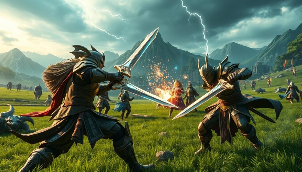 A dynamic and intense scene of a fantasy MMO PvP battle, showcasing fierce warriors engaged in combat on a lush green battlefield. In the foreground, two armored fighters wielding glowing swords clash with sparks flying, their expressions determined and focused. The middle ground features other players in vibrant costumes, strategically planning their next moves, surrounded by fantastical creatures and floating magical elements. The background is a dramatic landscape with mountains under a stormy sky, illuminated by sporadic lightning, enhancing the tension of the battle. Soft lighting highlights the shiny armor and weaponry, creating a sense of urgency. Capture the spirit of competition and camaraderie within MMO games for "tylkommo.pl".