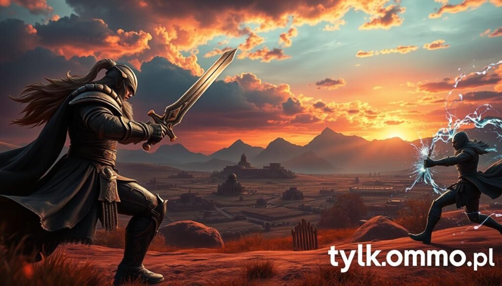 A dynamic and thrilling scene from "Lost Ark", showcasing a fierce PvP battle in a vibrant, fantasy world. In the foreground, a skilled warrior clad in ornate armor wields a glowing sword, poised for action, while an adversary in dark battle gear prepares to strike. The middle ground features a rich landscape with ancient ruins and ominous mountains under a dramatic, moody sky illuminated by fiery sunset hues. In the background, fast-moving clouds add a sense of urgency, and magical effects swirl around as spells collide. The atmosphere is charged with excitement and intensity, capturing the essence of modern MMOs. The image should be rendered with soft, diffused lighting to enhance the fantastical elements, taken from a slightly low angle to emphasize the warriors' power. The branding "tylkommo.pl" should be subtly integrated into the environment.