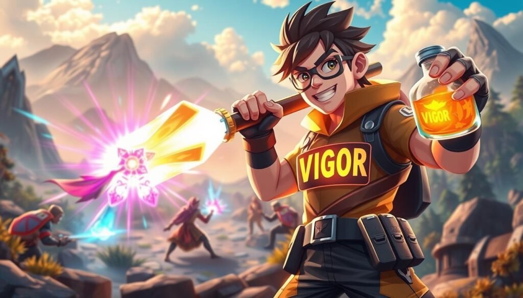 A dynamic and vibrant illustration showcasing a virtual scene representing "Vigor Boost" in an action-packed gaming environment. In the foreground, a heroic character in professional gaming attire, confidently brandishing a glowing potion labeled "Vigor", radiates energy and determination. The middle ground features an engaging battle arena with other characters sparring, showcasing fast-paced PvP action, illuminated by vivid, colorful effects symbolizing speed and experience gain. The background displays a fantastical landscape, with towering mountains and enchanted forests, bathed in warm sunlight filtering through clouds, creating a motivational and adventurous atmosphere. The scene captures an exhilarating moment of gameplay, with a sense of urgency and excitement. Use a wide-angle lens to encompass the entire action, ensuring vibrant colors and dynamic lighting to evoke a feeling of energetic empowerment. A dynamic and vibrant illustration showcasing a virtual scene representing "Vigor Boost" in an action-packed gaming environment. In the foreground, a heroic character in professional gaming attire, confidently brandishing a glowing potion labeled "Vigor", radiates energy and determination. The middle ground features an engaging battle arena with other characters sparring, showcasing fast-paced PvP action, illuminated by vivid, colorful effects symbolizing speed and experience gain. The background displays a fantastical landscape, with towering mountains and enchanted forests, bathed in warm sunlight filtering through clouds, creating a motivational and adventurous atmosphere. The scene captures an exhilarating moment of gameplay, with a sense of urgency and excitement. Use a wide-angle lens to encompass the entire action, ensuring vibrant colors and dynamic lighting to evoke a feeling of energetic empowerment.