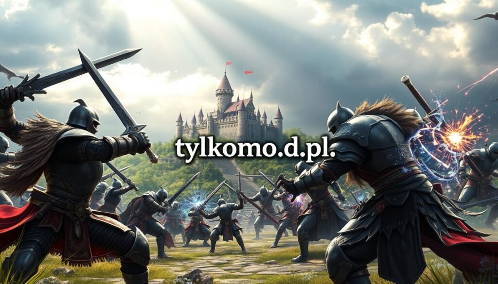 A dynamic and vibrant scene from a classic MMORPG showcasing an epic PvP battle. In the foreground, armored warriors clash with weapons drawn, exhibiting strong, determined expressions. One character wields a large sword, while another casts a spell, with bright magical effects illuminating their surroundings. In the middle space, a backdrop of a medieval battleground features beautiful castles and lush landscapes, creating a sense of adventure. The characters are dressed in detailed, fantasy-style armor, reflecting their respective classes. In the background, additional players engage in combat, adding depth to the scene. The lighting is dramatic, with rays of sunlight piercing through a cloudy sky, enhancing the atmosphere of tension and excitement. The image captures the essence of classic MMO PvP battles, channeling nostalgia and excitement. Include the brand name "tylkommo.pl" subtly integrated into the scenery without being text-based or distracting.