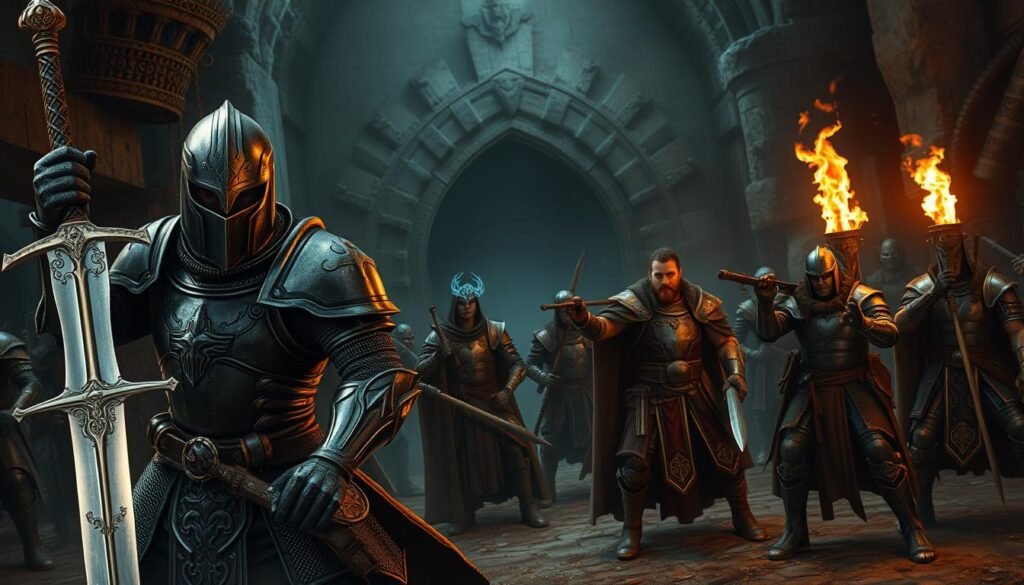 A dynamic battlefield scene depicting a diverse group of armored warriors preparing for battle in a fantasy setting. In the foreground, a knight equipped with a gleaming sword, armor embossed with intricate designs, exudes confidence. Beside him, a mage in flowing robes conjures an elemental spell, their hands glowing with magical energy. In the middle ground, additional warriors strategize, showcasing a variety of weapons and gear, emphasizing teamwork. The background reveals a dark, imposing dungeon entrance, shrouded in mist, suggesting danger and adventure. The scene is illuminated by dramatic, flickering torches casting warm light against the cool, shadowy environment. The mood is intense and exhilarating, capturing the essence of preparation for a challenging dungeon experience. A dynamic battlefield scene depicting a diverse group of armored warriors preparing for battle in a fantasy setting. In the foreground, a knight equipped with a gleaming sword, armor embossed with intricate designs, exudes confidence. Beside him, a mage in flowing robes conjures an elemental spell, their hands glowing with magical energy. In the middle ground, additional warriors strategize, showcasing a variety of weapons and gear, emphasizing teamwork. The background reveals a dark, imposing dungeon entrance, shrouded in mist, suggesting danger and adventure. The scene is illuminated by dramatic, flickering torches casting warm light against the cool, shadowy environment. The mood is intense and exhilarating, capturing the essence of preparation for a challenging dungeon experience.
