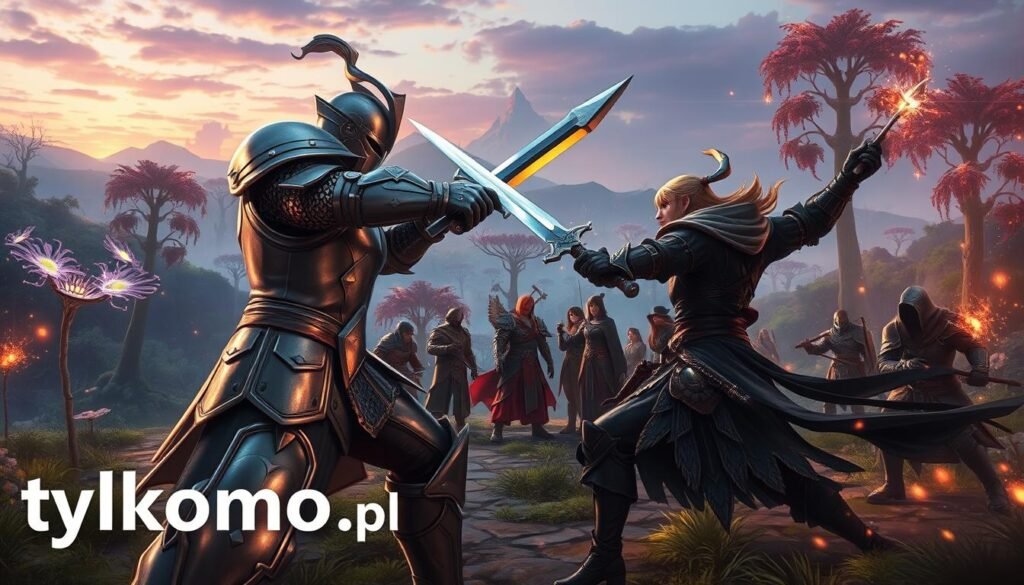 A dynamic fantasy scene depicting an intense PvP encounter in a vibrant MMORPG setting. In the foreground, two armored warriors clash swords, their expressions fierce and focused. One character is a towering knight adorned in gleaming silver armor, while the other is a nimble rogue cloaked in dark, intricate fabrics. In the middle ground, a diverse group of players strategizes, showcasing various character classes like mages and archers. The background features a sprawling, enchanted forest with ethereal glowing plants and distant mountains under a twilight sky. The atmosphere is charged with excitement, illuminated by magical sparks and ambient lighting. Capture the essence of teamwork and competition, embodying the allure of PC MMOs. Include the brand name "tylkommo.pl" subtly in the scene, perhaps as a part of a glowing magical sign.
