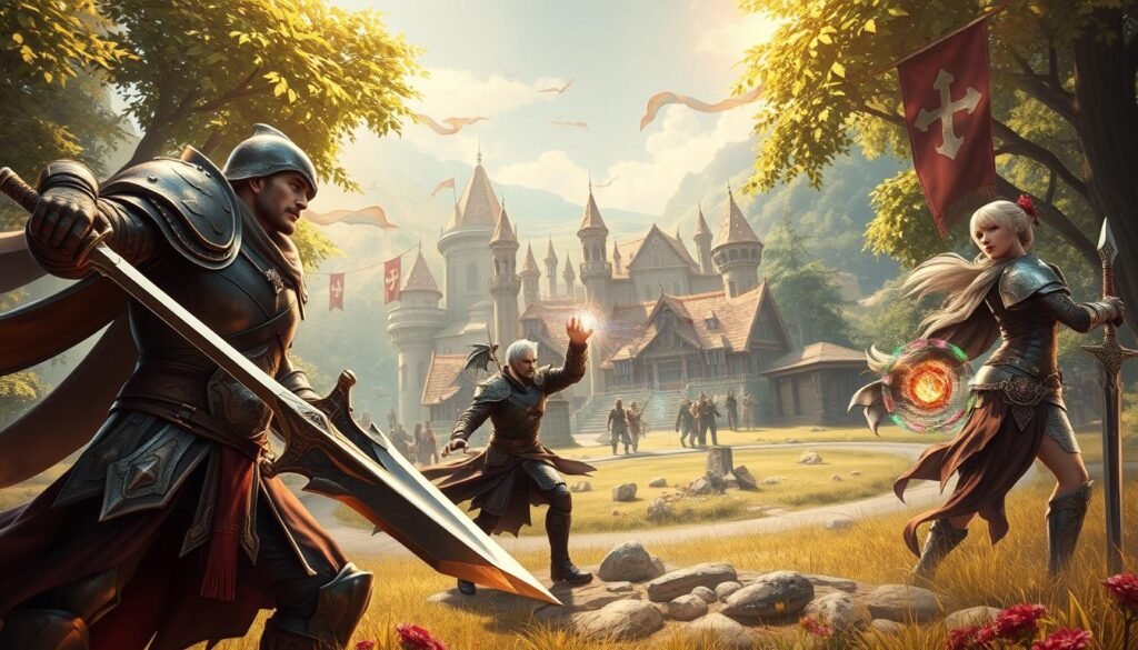 A dynamic fantasy scene featuring a diverse group of character classes from an MMORPG, each engaged in their unique playstyle. In the foreground, a warrior clad in gleaming armor wields a massive sword, exuding strength and determination. Beside him, a nimble rogue in dark leather gear blends into the shadows, preparing for a stealth attack. In the middle ground, a mystical mage casts a glowing spell, surrounded by shimmering orbs of light. In the background, lush landscapes showcase a vibrant village, with guild banners waving in the breeze. Soft, magical lighting creates an enchanting atmosphere, with hints of sunlight filtering through trees, casting dappled shadows. The composition should capture the essence of teamwork and strategy in PvE, PvP, and clan battles in a captivating, immersive style. A dynamic fantasy scene featuring a diverse group of character classes from an MMORPG, each engaged in their unique playstyle. In the foreground, a warrior clad in gleaming armor wields a massive sword, exuding strength and determination. Beside him, a nimble rogue in dark leather gear blends into the shadows, preparing for a stealth attack. In the middle ground, a mystical mage casts a glowing spell, surrounded by shimmering orbs of light. In the background, lush landscapes showcase a vibrant village, with guild banners waving in the breeze. Soft, magical lighting creates an enchanting atmosphere, with hints of sunlight filtering through trees, casting dappled shadows. The composition should capture the essence of teamwork and strategy in PvE, PvP, and clan battles in a captivating, immersive style.