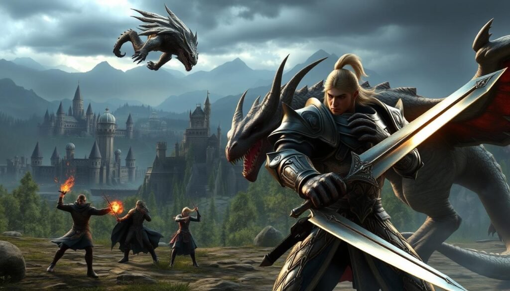 A dynamic fantasy scene from "Lineage 2," showcasing an intense in-game moment. In the foreground, a heroic knight clad in intricate armor wields a glowing sword, facing a fearsome dragon. The knight's determined expression and powerful stance reflect the challenging gameplay. In the middle ground, a diverse group of adventurers, including a mage casting a spell and an archer readying an arrow, display a sense of teamwork and strategy. The background features a sprawling medieval city with towering castles, dense forests, and dark mountains under a dramatic, stormy sky. The lighting emphasizes the action, casting dynamic shadows and creating a tense atmosphere. Capture the essence of demanding gameplay that appeals to dedicated MMO fans. The image should be vibrant and detailed, suitable for an article by tylkommo.pl.