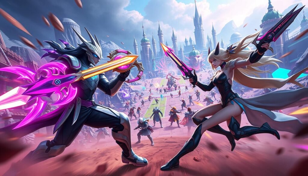 A dynamic gaming scene showcasing fast-paced action in a competitive MMO environment. In the foreground, two diverse characters, one male and one female, are engaged in an intense battle, each sporting sleek, modern armor and wielding vibrant, futuristic weapons. The middle ground features a chaotic battlefield with various creatures and players clashing in energetic combat, emphasizing teamwork and rivalry. In the background, a vivid digital landscape with towering castles and neon lights creates an immersive world. The scene is illuminated by dramatic, colorful lighting, highlighting the characters' determination. Use a wide-angle lens to capture the intensity and movement, conveying a thrilling atmosphere. This imagery is designed to fit with the branding of "tylkommo.pl."