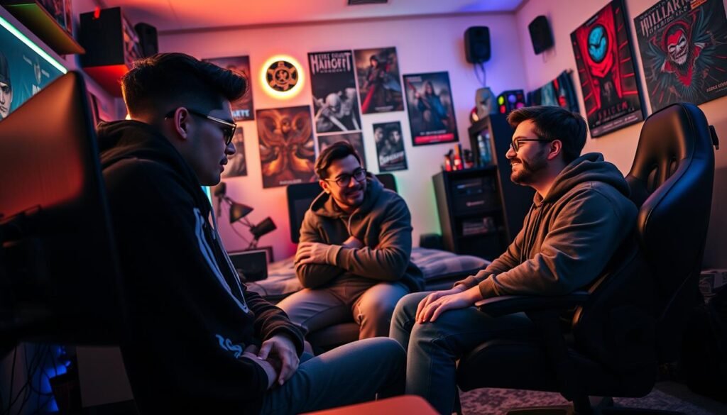A dynamic gaming setup in a cozy, well-lit room showcasing a diverse group of three gamers, each representing a different character class from a fantasy game. In the foreground, a focused gamer, dressed casually in a stylish hoodie, is immersed in gameplay on a high-end gaming monitor. In the middle ground, another player, wearing glasses and comfortable attire, discusses strategies with a third player, who is leaning back in a gaming chair, eagerly sharing ideas. The background features colorful LED lights illuminating the space, along with gaming posters and merchandise, creating an engaging atmosphere. Soft, ambient lighting enhances the camaraderie and enthusiasm, reflecting a sense of teamwork and strategic planning. The wide-angle view captures the excitement and teamwork of choosing character classes in gaming. A dynamic gaming setup in a cozy, well-lit room showcasing a diverse group of three gamers, each representing a different character class from a fantasy game. In the foreground, a focused gamer, dressed casually in a stylish hoodie, is immersed in gameplay on a high-end gaming monitor. In the middle ground, another player, wearing glasses and comfortable attire, discusses strategies with a third player, who is leaning back in a gaming chair, eagerly sharing ideas. The background features colorful LED lights illuminating the space, along with gaming posters and merchandise, creating an engaging atmosphere. Soft, ambient lighting enhances the camaraderie and enthusiasm, reflecting a sense of teamwork and strategic planning. The wide-angle view captures the excitement and teamwork of choosing character classes in gaming.