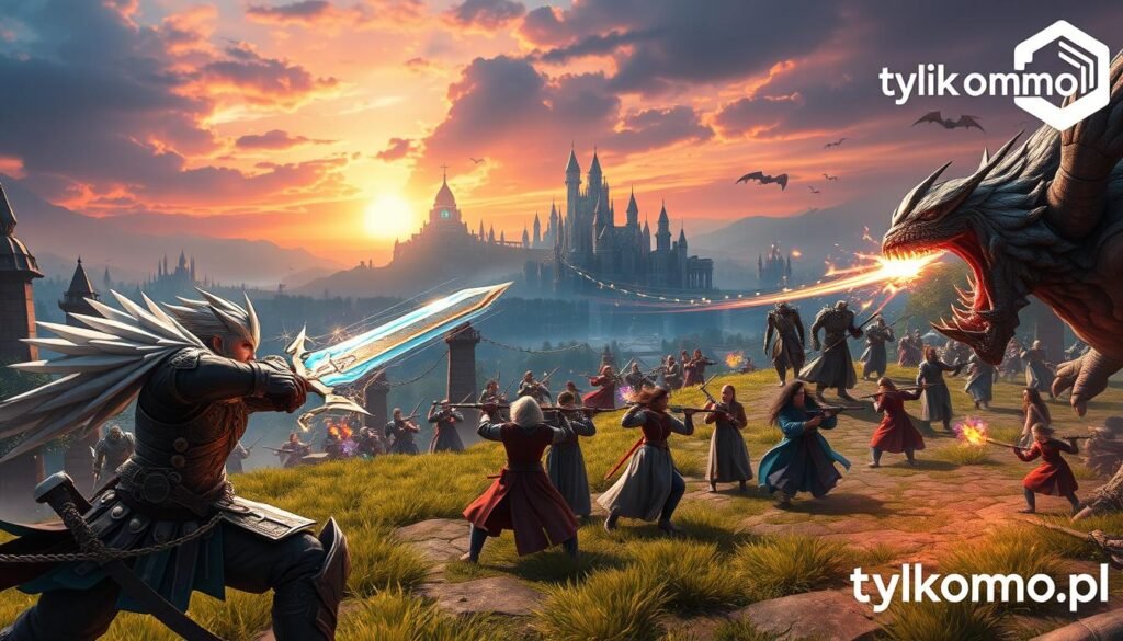 A dynamic hack and slash gameplay scene showcasing epic battles in a vibrant, fantasy MMO world. In the foreground, a heroic character clad in detailed armor wields a glowing sword, engaged in an intense fight against a monstrous creature, with sparks and energy effects emanating from their weapons. The middle ground reveals a diverse group of players in colorful, modest attire, collaborating seamlessly against waves of enemies, embodying teamwork. In the background, a sprawling, enchanted landscape features towering castles, lush forests, and mystical creatures, all under a dramatic sunset sky with warm lighting. The atmosphere is filled with excitement and adventure, capturing the essence of cooperative gameplay. The logo “tylkommo.pl” subtly integrated into the corner, maintaining focus on the action. A dynamic hack and slash gameplay scene showcasing epic battles in a vibrant, fantasy MMO world. In the foreground, a heroic character clad in detailed armor wields a glowing sword, engaged in an intense fight against a monstrous creature, with sparks and energy effects emanating from their weapons. The middle ground reveals a diverse group of players in colorful, modest attire, collaborating seamlessly against waves of enemies, embodying teamwork. In the background, a sprawling, enchanted landscape features towering castles, lush forests, and mystical creatures, all under a dramatic sunset sky with warm lighting. The atmosphere is filled with excitement and adventure, capturing the essence of cooperative gameplay. The logo “tylkommo.pl” subtly integrated into the corner, maintaining focus on the action.