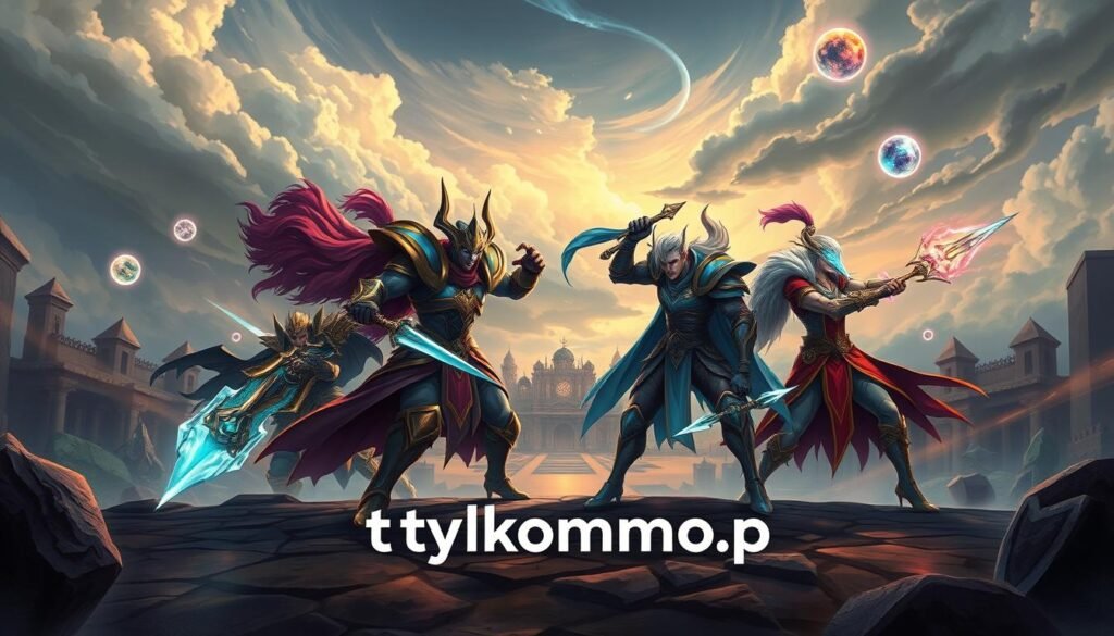 A dynamic illustration depicting the balance of classes and skills in competitive gaming. In the foreground, a diverse group of four MMO characters in vibrant, detailed armor and magical attire, each demonstrating their unique skills in a fierce battle stance. The middle ground features an epic landscape of a PvP arena, complete with ancient ruins and mystical elements like floating energy spheres. The background showcases a dramatic sky with swirling clouds, mimicking the intensity of competition. Soft ambient lighting highlights the characters, creating a clash of colors while casting deep shadows for a dramatic effect. The overall mood is tense and competitive, emphasizing strategy and skill balance in gameplay. Include the logo of "tylkommo.pl" creatively integrated into the arena design without overpowering the scene.