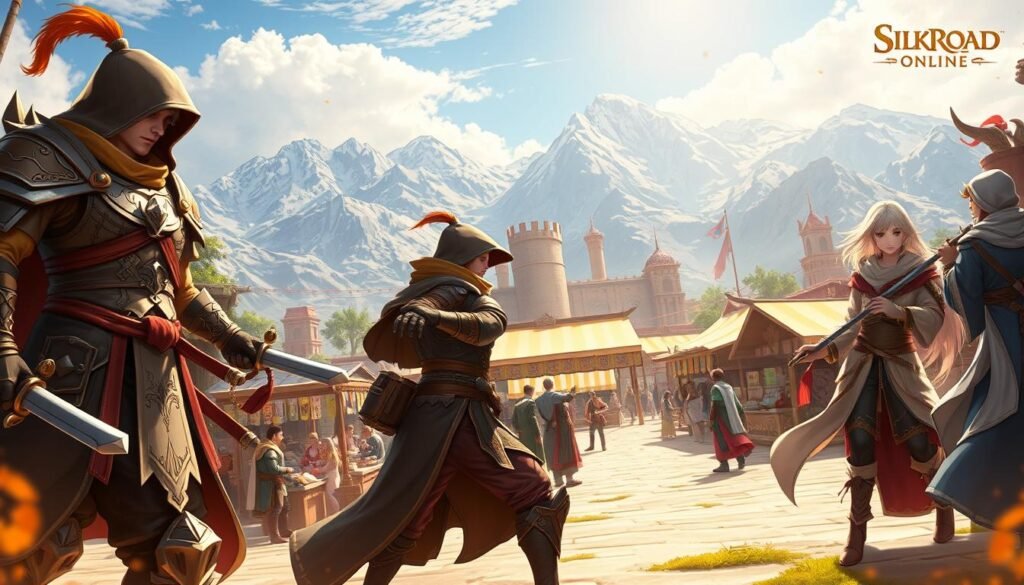 A dynamic illustration showcasing a vibrant scene from the world of "Silkroad Online." In the foreground, a diverse group of adventurers in detailed fantasy attire, including a warrior clad in ornate armor, a nimble thief with subtle stealth gear, and a wise mage with flowing robes, each displaying unique skill animations. In the middle ground, the bustling marketplace is filled with colorful stalls adorned with goods, while other characters trade and interact vibrantly. The background features majestic mountains under a bright blue sky, creating a sense of adventure. Warm, golden lighting bathes the scene, enhancing the atmosphere of camaraderie and excitement, while capturing the essence of teamwork and diverse builds that make a difference in gameplay. A dynamic illustration showcasing a vibrant scene from the world of "Silkroad Online." In the foreground, a diverse group of adventurers in detailed fantasy attire, including a warrior clad in ornate armor, a nimble thief with subtle stealth gear, and a wise mage with flowing robes, each displaying unique skill animations. In the middle ground, the bustling marketplace is filled with colorful stalls adorned with goods, while other characters trade and interact vibrantly. The background features majestic mountains under a bright blue sky, creating a sense of adventure. Warm, golden lighting bathes the scene, enhancing the atmosphere of camaraderie and excitement, while capturing the essence of teamwork and diverse builds that make a difference in gameplay.