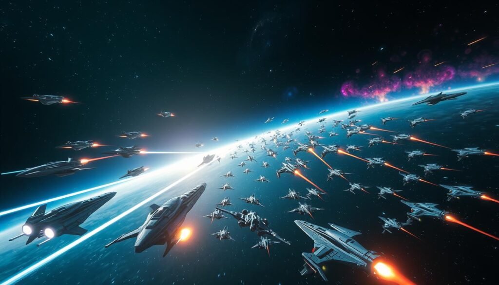 A dynamic scene depicting a corporate PvP battle in a futuristic space environment, representing corporate alliances in EVE Echoes. In the foreground, sleek, advanced spaceships engage in intense combat, their laser beams illuminating the dark void of space. In the middle ground, a wide array of colorful starships from different factions are forming strategic formations, displaying the cooperation and competition among the corporations. The background features a distant, vibrant nebula filled with stars, adding depth and a sense of scale. The lighting is dramatic, with bright flashes from weapons clashing against the deep blues and blacks of space, creating an atmosphere of tension and excitement. The entire image radiates a sense of strategy and teamwork, essential for surviving in this cosmic battleground. A dynamic scene depicting a corporate PvP battle in a futuristic space environment, representing corporate alliances in EVE Echoes. In the foreground, sleek, advanced spaceships engage in intense combat, their laser beams illuminating the dark void of space. In the middle ground, a wide array of colorful starships from different factions are forming strategic formations, displaying the cooperation and competition among the corporations. The background features a distant, vibrant nebula filled with stars, adding depth and a sense of scale. The lighting is dramatic, with bright flashes from weapons clashing against the deep blues and blacks of space, creating an atmosphere of tension and excitement. The entire image radiates a sense of strategy and teamwork, essential for surviving in this cosmic battleground.