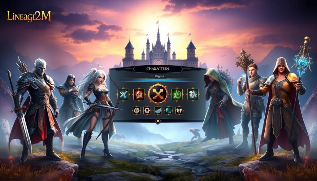 A dynamic scene depicting a fantasy character selection in a gaming environment, showcasing various character classes from Lineage2M. In the foreground, a vibrant character selection screen with five distinct heroes, each representing a unique class with their respective armor and weapons. The warrior stands tall with a sword, an archer readies her bow, a mage casts a spell, a rogue hides in the shadows, and a healer showcases a staff glowing with magic. In the middle, a user interface featuring intricate designs and glowing icons. The background is a mystical landscape with a castle, mountains, and a twilight sky, creating an adventurous atmosphere. Soft, ethereal lighting illuminates the characters, emphasizing their details while maintaining a sense of depth. The overall mood is exploratory and inspiring, inviting players to discover and choose their class.