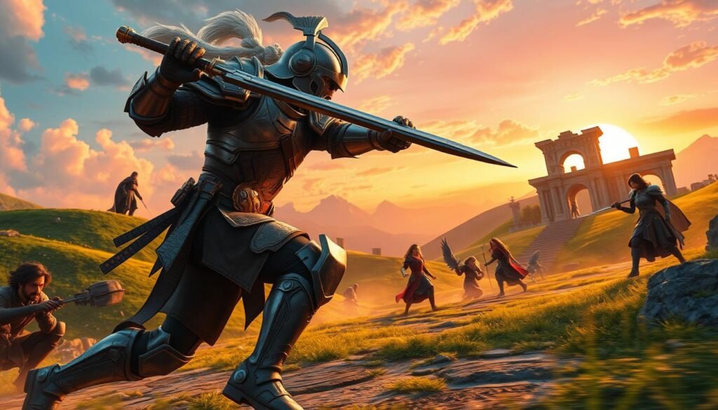A dynamic scene depicting the concept of "mobility" in a vibrant fantasy environment. In the foreground, an armored warrior in professional battle attire engages in swift combat, showcasing agility and precision. The warrior is set against a fantastical landscape with lush green hills and ancient ruins, illustrating the freedom of movement in this world. In the middle ground, diverse characters can be seen strategizing, their expressions reflecting determination and focus. The background features a colorful sunset, casting warm light across the scene, enhancing the atmosphere of excitement and intensity. Capture the movement and energy with a slightly low-angle perspective, emphasizing the action and surrounding environment, while ensuring a sense of immersion and engagement. A dynamic scene depicting the concept of "mobility" in a vibrant fantasy environment. In the foreground, an armored warrior in professional battle attire engages in swift combat, showcasing agility and precision. The warrior is set against a fantastical landscape with lush green hills and ancient ruins, illustrating the freedom of movement in this world. In the middle ground, diverse characters can be seen strategizing, their expressions reflecting determination and focus. The background features a colorful sunset, casting warm light across the scene, enhancing the atmosphere of excitement and intensity. Capture the movement and energy with a slightly low-angle perspective, emphasizing the action and surrounding environment, while ensuring a sense of immersion and engagement.
