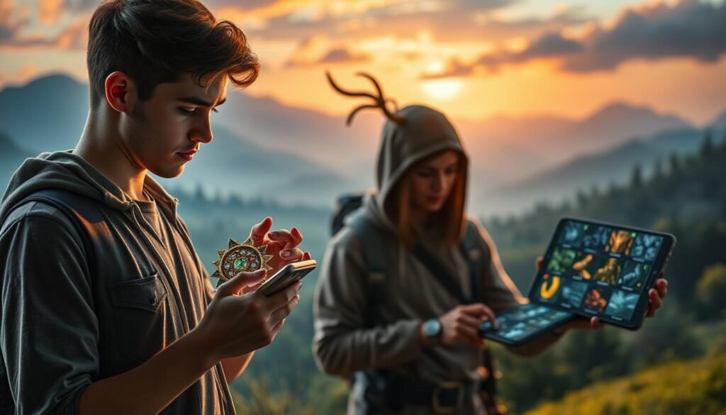 A dynamic scene depicting two gamers intensely focused on their mobile devices, showcasing the concept of "gear players" in an MMO environment. In the foreground, one player, a young adult in casual gaming attire, is adjusting an intricate, glowing virtual amulet displayed on their screen. The second player, in a slightly different angle, appears to be selecting various items from a well-designed inventory interface. The middle ground features a vibrant backdrop of a fantasy landscape, with lush forests and distant mountains that convey a sense of adventure. Soft, ambient lighting illuminates the scene, creating a warm and inviting atmosphere. The overall composition captures the excitement and strategizing that comes with enhancing character gear, encouraging engagement without feeling overwhelming. A dynamic scene depicting two gamers intensely focused on their mobile devices, showcasing the concept of "gear players" in an MMO environment. In the foreground, one player, a young adult in casual gaming attire, is adjusting an intricate, glowing virtual amulet displayed on their screen. The second player, in a slightly different angle, appears to be selecting various items from a well-designed inventory interface. The middle ground features a vibrant backdrop of a fantasy landscape, with lush forests and distant mountains that convey a sense of adventure. Soft, ambient lighting illuminates the scene, creating a warm and inviting atmosphere. The overall composition captures the excitement and strategizing that comes with enhancing character gear, encouraging engagement without feeling overwhelming.