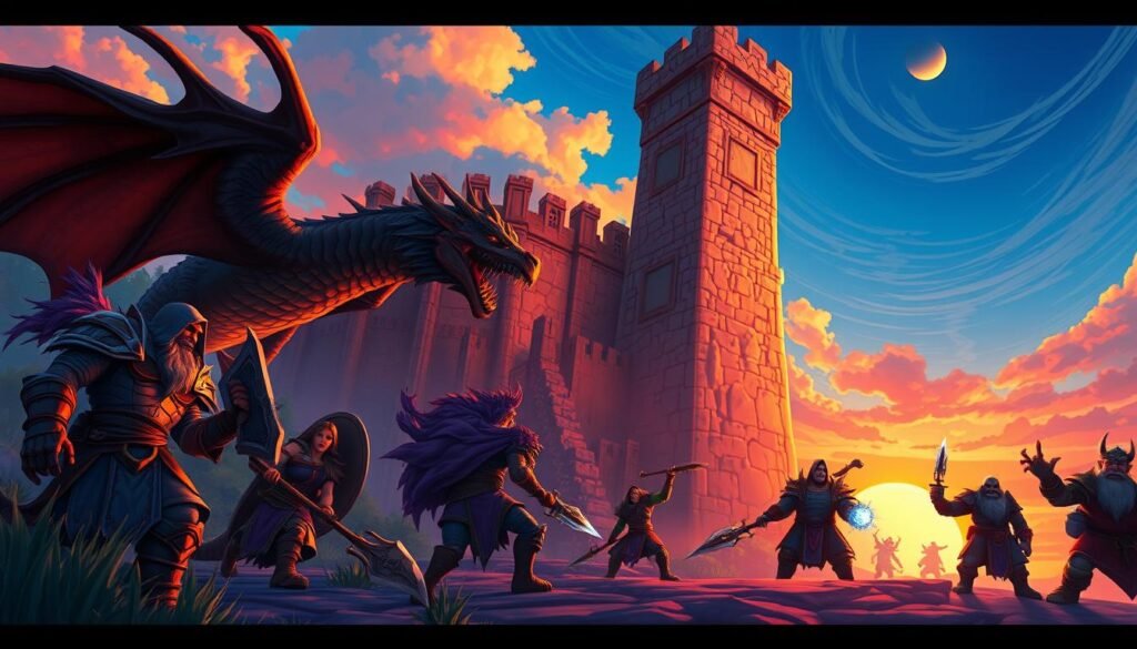 A dynamic scene from "World of Warcraft Classic," featuring a vibrant, lush fantasy landscape with an ancient stone fortress in the background. In the foreground, a diverse group of heroes—an armored human paladin, a fierce orc warrior, and a mystical night elf druid—are engaged in an epic battle against a menacing dragon. The colorful sunset casts dramatic shadows, enhancing the intensity of the moment. On the right, dwarf characters are preparing magical spells, while a blue sky dotted with wispy clouds frames the scene. The illustration should capture the spirit of camaraderie and adventure, evoking nostalgia for classic MMOs. The composition is cinematic, with a slight low-angle perspective to emphasize the towering fortress. This image should reflect the enduring charm of "World of Warcraft Classic," ideal for the theme "tylkommo.pl."